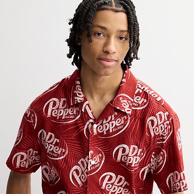 Men's Dr. Pepper Logo & Palm Leaves Print Woven Short Sleeve Button-Down Shirt