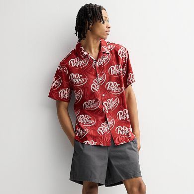 Men's Dr. Pepper Logo & Palm Leaves Print Woven Short Sleeve Button-Down Shirt