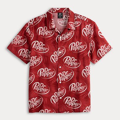 Men's Dr. Pepper Logo & Palm Leaves Print Woven Short Sleeve Button-Down Shirt