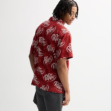 Men's Dr. Pepper Logo & Palm Leaves Print Woven Short Sleeve Button-Down Shirt
