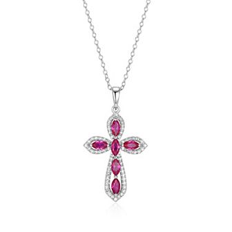 Classic Treasures Sterling Silver Rhodium Plated Lab-Created Ruby & 1/5 Carat T.W. Lab-Grown Diamond Cross Pendant Necklace