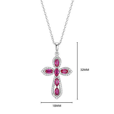 Classic Treasures Sterling Silver Rhodium Plated Lab-Created Ruby & 1/5 Carat T.W. Lab-Grown Diamond Cross Pendant Necklace