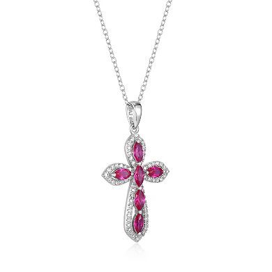 Classic Treasures Sterling Silver Rhodium Plated Lab-Created Ruby & 1/5 Carat T.W. Lab-Grown Diamond Cross Pendant Necklace