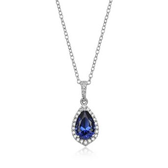 Classic Treasures Rhodium Plated Sterling Silver Sapphire 1/5 Carat T.W. Lab-Grown Diamond Halo Pendant Necklace
