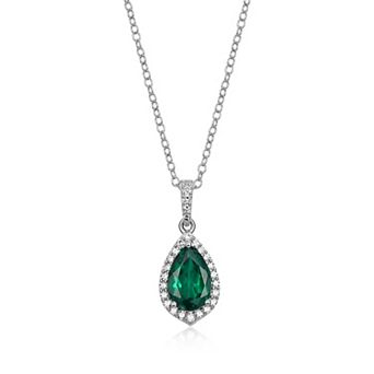 Classic Treasures Sterling Silver Emerald and 9/10 Carat T.W. Lab-Grown Diamond Halo Pendant Necklace