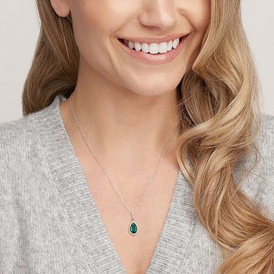 Classic Treasures Sterling Silver Emerald and 9/10 Carat T.W. Lab-Grown Diamond Halo Pendant Necklace