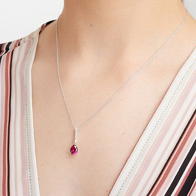 Rhodium Over Sterling Silver Lab-Created Ruby and Lab-Grown Diamond Accent Drop Necklace