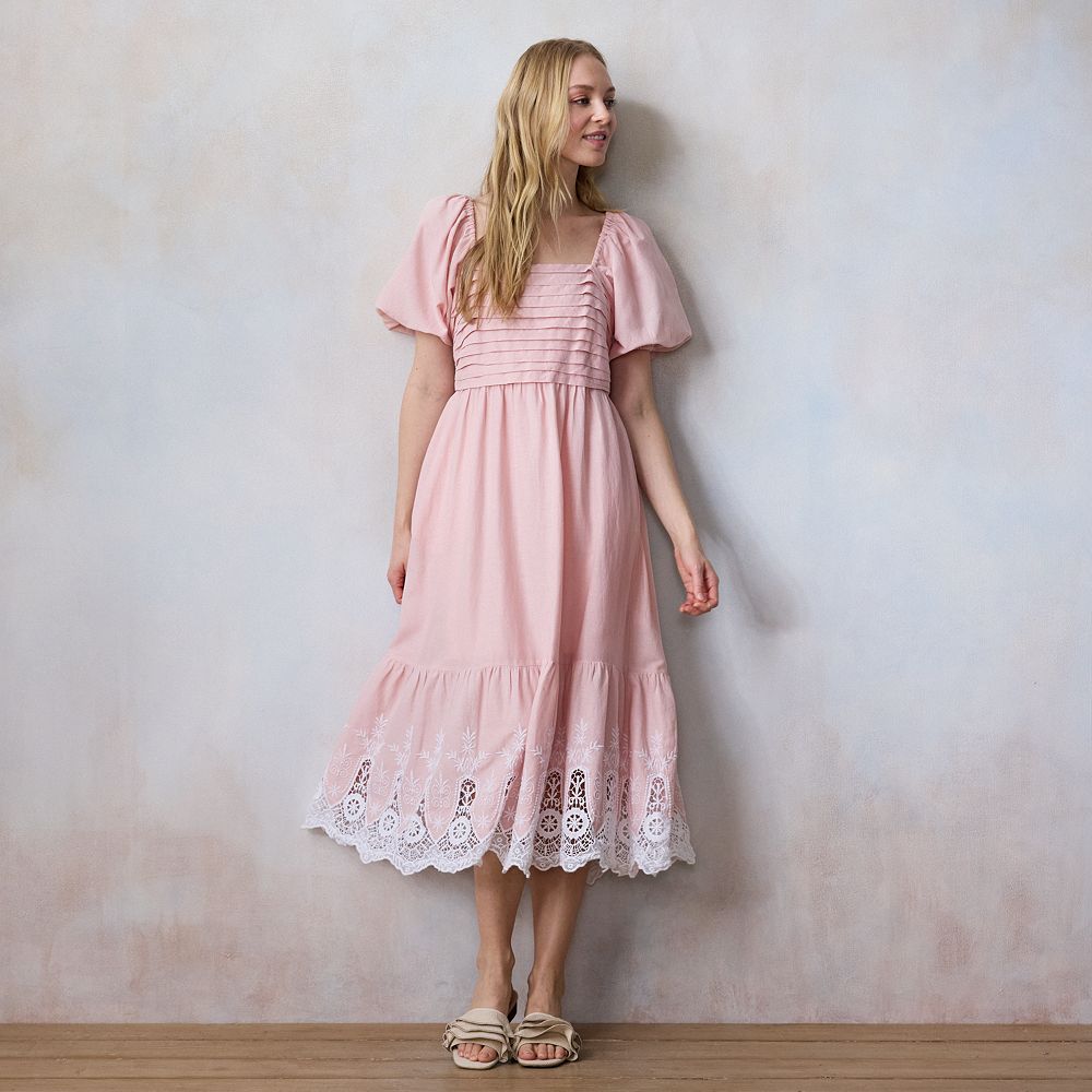 Women's LC Lauren Conrad Squareneck Pleated Bodice Lace Trim Midi