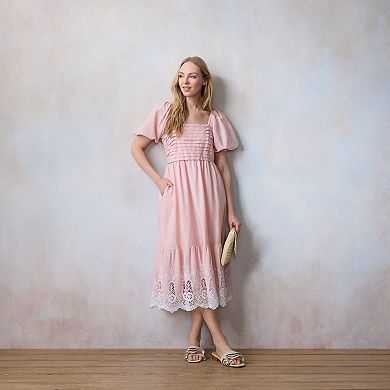 Women's LC Lauren Conrad Squareneck Pleated Bodice Lace Trim Midi Dress