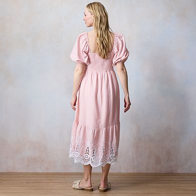 Women's LC Lauren Conrad Squareneck Pleated Bodice Lace Trim Midi Dress