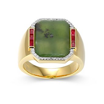 Men's Dynasty Jade 18k Gold over Sterling Silver Jade, Lab-Created Ruby & Lab-Created White Sapphire Ring