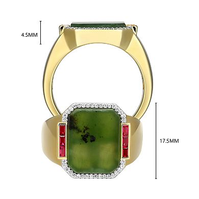 Men's Dynasty Jade 18k Gold over Sterling Silver Jade, Lab-Created Ruby & Lab-Created White Sapphire Ring