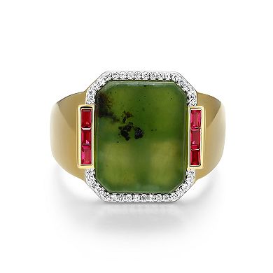 Men's Dynasty Jade 18k Gold over Sterling Silver Jade, Lab-Created Ruby & Lab-Created White Sapphire Ring