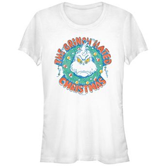 Juniors' Dr. Seuss Grinch Hated Christmas Wreath Fitted Graphic Tee