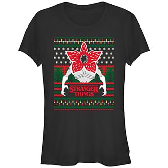 Juniors' Stranger Things Demogorgon Christmas Fitted Graphic Tee