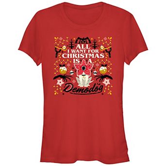 Juniors' Stranger Things All I Want For Christmas Is A Demodog Fitted Graphic Tee