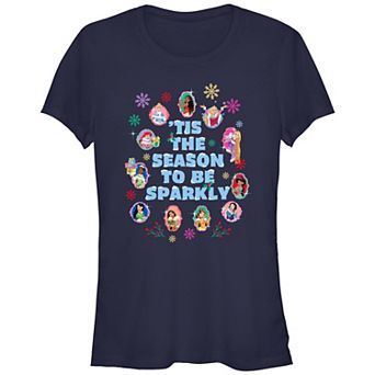 Disney Princess Ariel, Jasmine, Rapunzel, Tiana, Belle, Cinderella, Pocahontas, Aurora, Mulan, Snow White & Moana 'Tis The Season To Be Sparkly Juniors' Fitted Graphic Tee