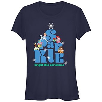 Disney Princess Cinderella, Ariel, Tiana & Belle Sparkle Bright This Christmas Juniors' Fitted Graphic Tee