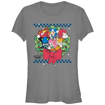 Juniors' Sonic the Hedgehog Characters Christmas Wreath Fitted Graphic Tee