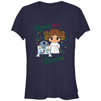 Juniors' Star Wars Princess Leia And R2-D2 Merry And Bright Fitted Graphic Tee