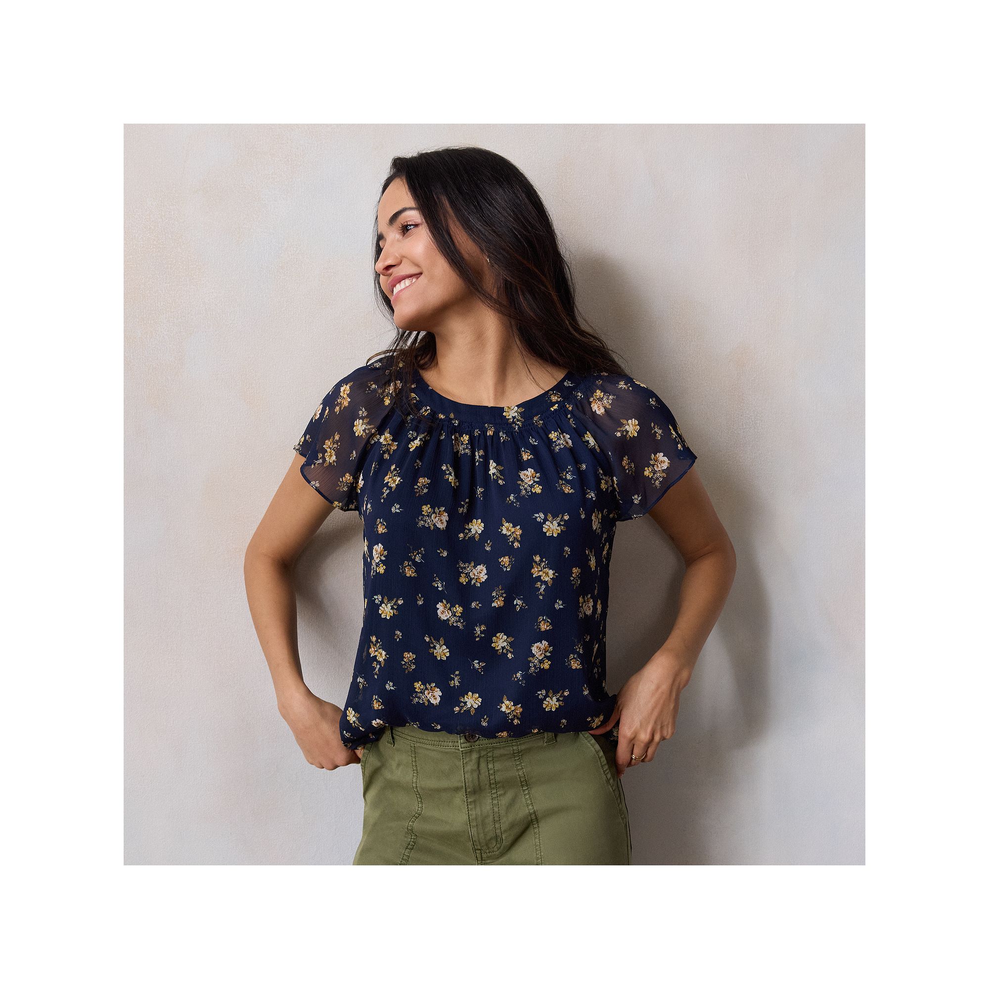 Womens LC Lauren Conrad Shirred Neck Shell Top, Size: XXL, Blue Rosa Bloom
