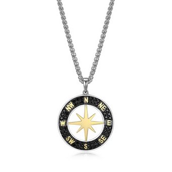 Classic Treasures Two-Tone Sterling Silver Black Spinel Compass Pendant Men's Necklace