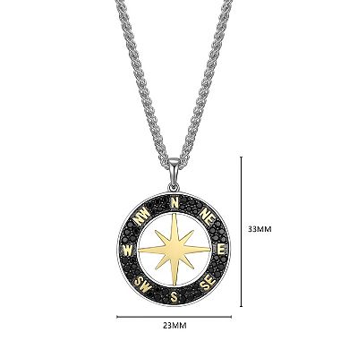 Classic Treasures Two-Tone Sterling Silver Black Spinel Compass Pendant Men's Necklace