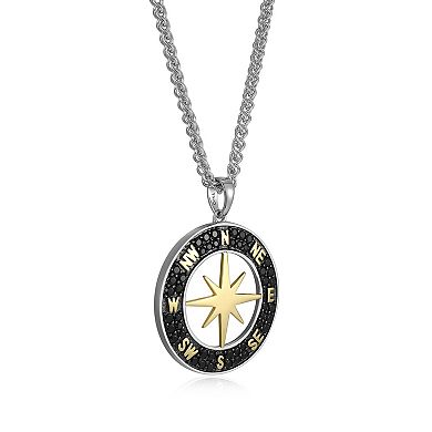 Classic Treasures Two-Tone Sterling Silver Black Spinel Compass Pendant Men's Necklace