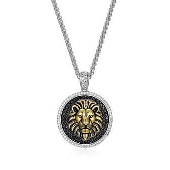Classic Treasures Men's Two Tone Sterling Silver Black Spinel and Lab-Created White Sapphire Lion Pendant Necklace