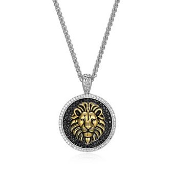 Classic Treasures Men's Two Tone Sterling Silver Black Spinel and Lab-Created White Sapphire Lion Pendant Necklace