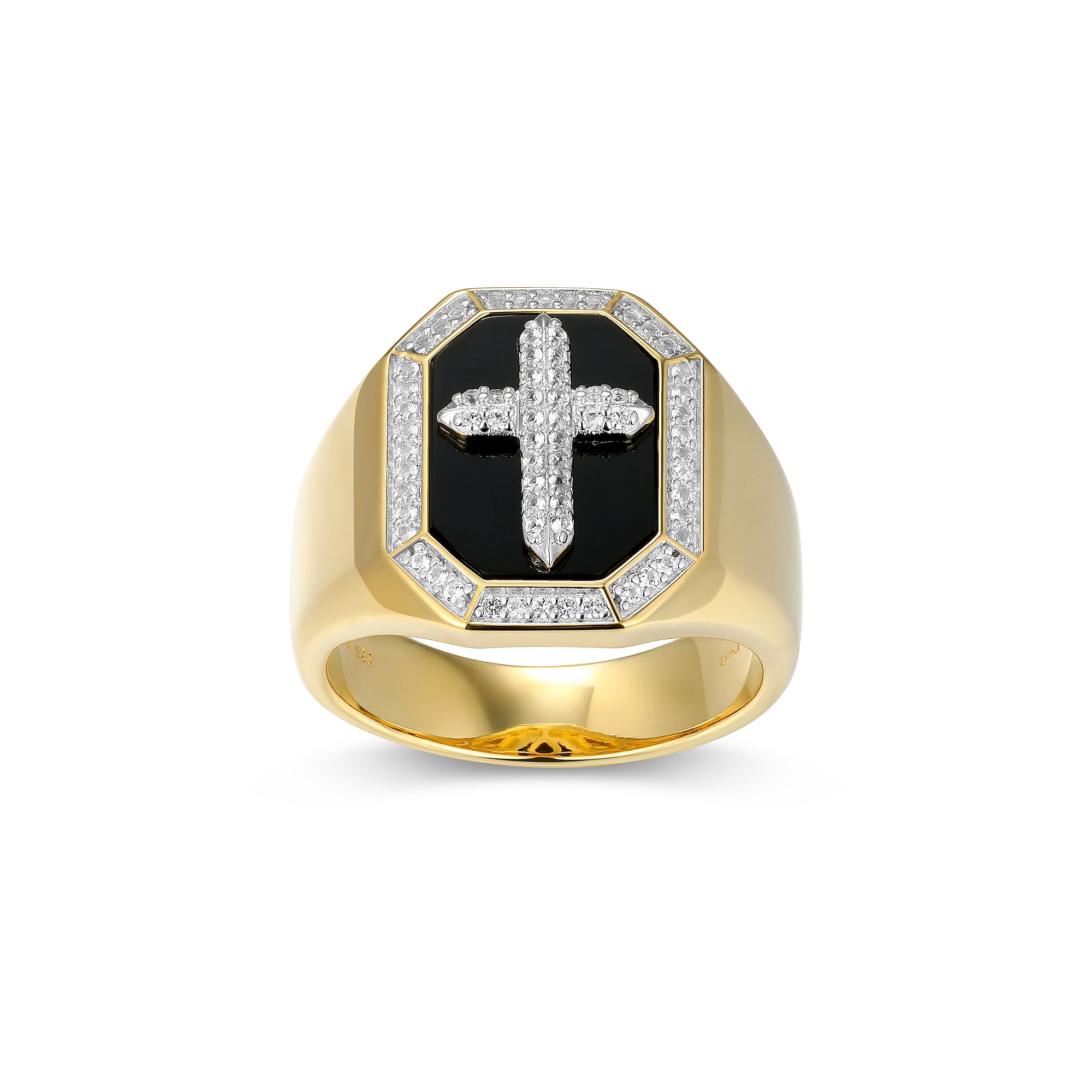 Two-tone Sterling Silver Black Onyx & Lab-Created White Sapphire Cross Ring