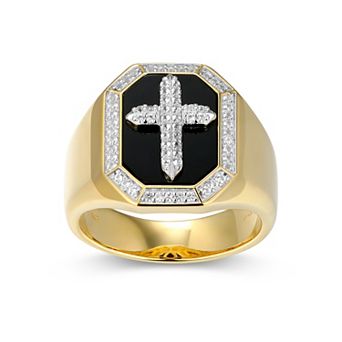 Classic Treasures Two-tone Sterling Silver Black Onyx & Lab-Created White Sapphire Cross Ring