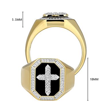 Classic Treasures Two-tone Sterling Silver Black Onyx & Lab-Created White Sapphire Cross Ring