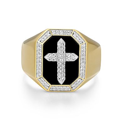 Classic Treasures Two-tone Sterling Silver Black Onyx & Lab-Created White Sapphire Cross Ring