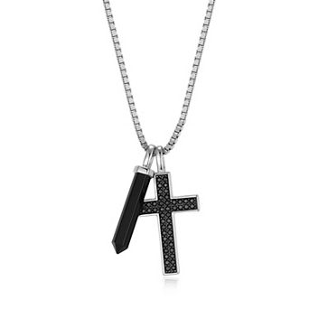 Classic Treasures Rhodium Plated Gunmetal Sterling Silver Black Onyx & Black Sapphire Cross Pendant Necklace