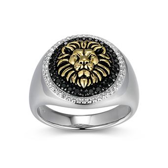 Classic Treasures Two-Tone Sterling Silver Black Spinel and Lab-Created White Sapphire Lion Men's Ring