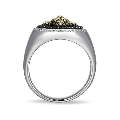 Classic Treasures Two-Tone Sterling Silver Black Spinel and Lab-Created White Sapphire Lion Men's Ring