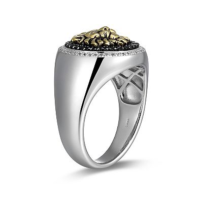 Classic Treasures Two-Tone Sterling Silver Black Spinel and Lab-Created White Sapphire Lion Men's Ring