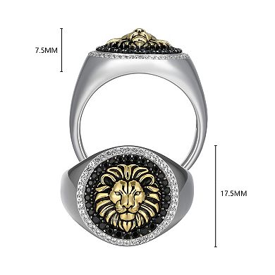 Classic Treasures Two-Tone Sterling Silver Black Spinel and Lab-Created White Sapphire Lion Men's Ring