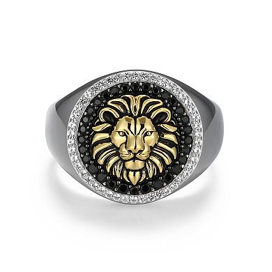 Classic Treasures Two-Tone Sterling Silver Black Spinel and Lab-Created White Sapphire Lion Men's Ring