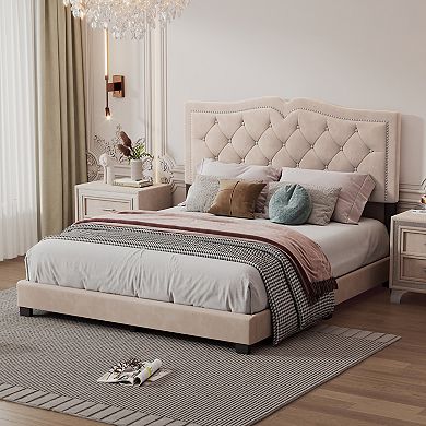 Merax Modern Velvet Platform Bed With Tufted Headboard