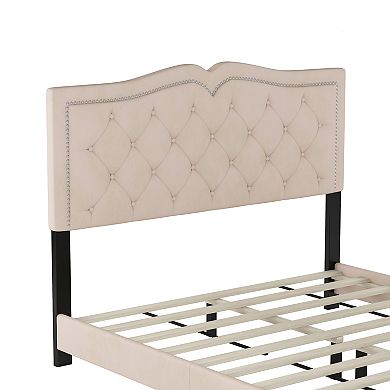 Merax Modern Velvet Platform Bed With Tufted Headboard