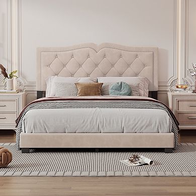 Merax Modern Velvet Platform Bed With Tufted Headboard