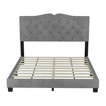 Merax Modern Velvet Platform Bed With Tufted Headboard