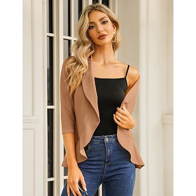 Womens Casual Blazer 3/4 Sleeve Open Front Ruffle Work Office Cardigan Suit Jacket