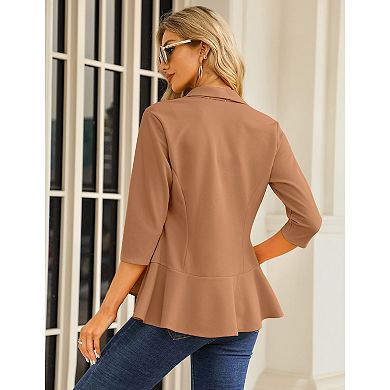 Womens Casual Blazer 3/4 Sleeve Open Front Ruffle Work Office Cardigan Suit Jacket