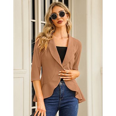 Womens Casual Blazer 3/4 Sleeve Open Front Ruffle Work Office Cardigan Suit Jacket