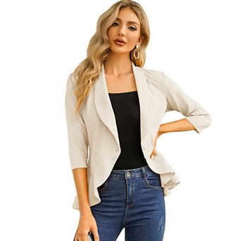 Womens Casual Blazer 3/4 Sleeve Open Front Ruffle Work Office Cardigan Suit Jacket