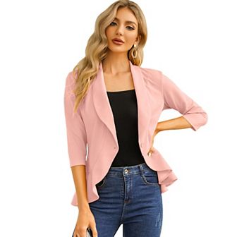 Womens Casual Blazer 3/4 Sleeve Open Front Ruffle Work Office Cardigan Suit Jacket