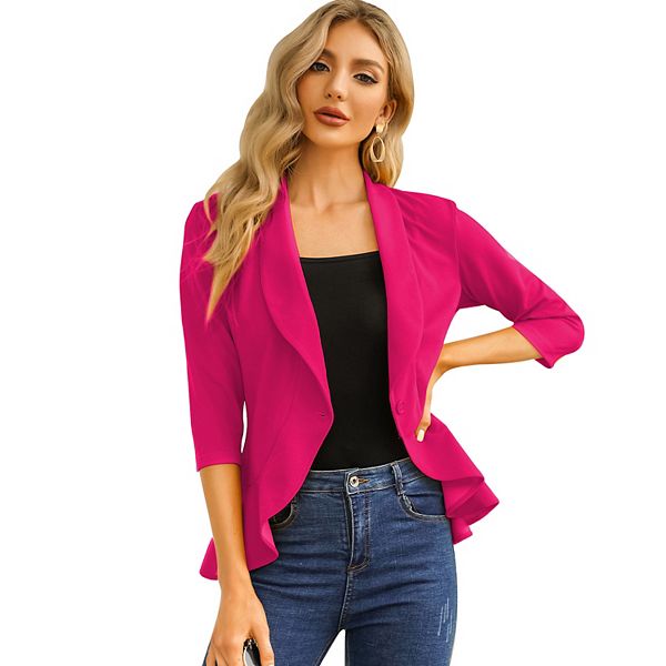 Kojooin Womens Casual Blazer 3 4 Sleeve Open Front Ruffle Work Office Cardigan Suit Jacket